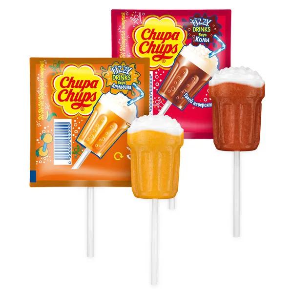Карамель на палочке Chupa Chups fizzy drink апельсин кола 15 гр., флоу-пак