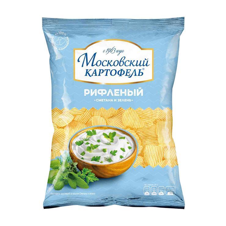 Чипсы Московский Картофель рифленые сметана зелень 120 гр., флоу-пак