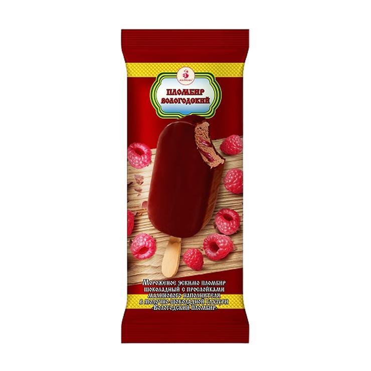 Мороженое Вологодский Пломбир эскимо шокладное с малиной в шоколадной глазури 80 гр., флоу-пак