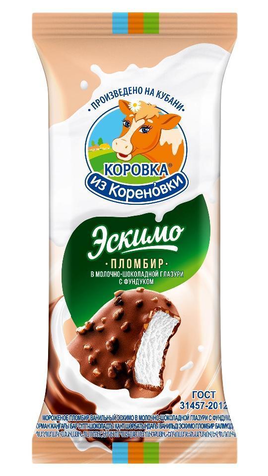 Мороженое Коровка из Кореновки эскимо в шоколадной глазури с фундуком 70 гр., флоу-пак