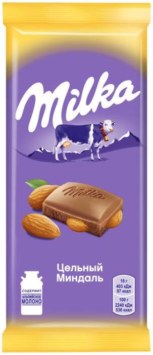 Шоколад Milka молочный миндаль цельный 85 гр., флоу-пак