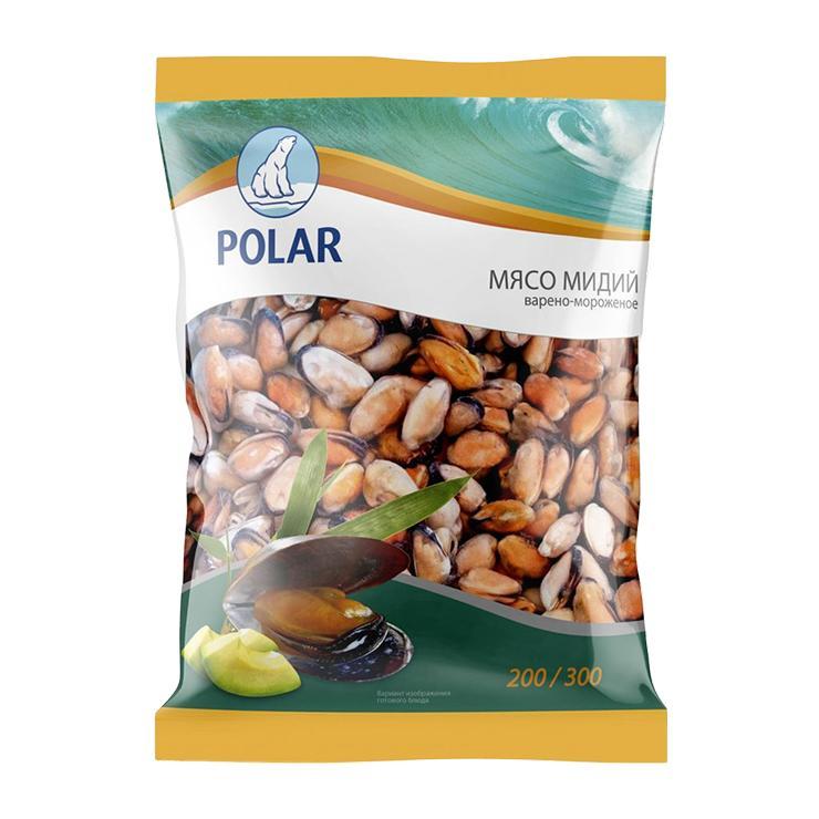 Мясо мидии Polar 200/300 варено-мороженое Китай 1 кг., флоу-пак