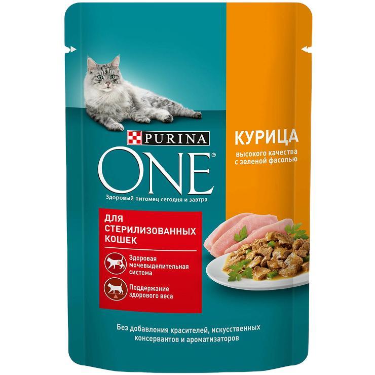 Корм влажный Purina ONE с курицей и зеленой фасолью для стерилизованных кошек и кастрированных котов 75 гр., пауч