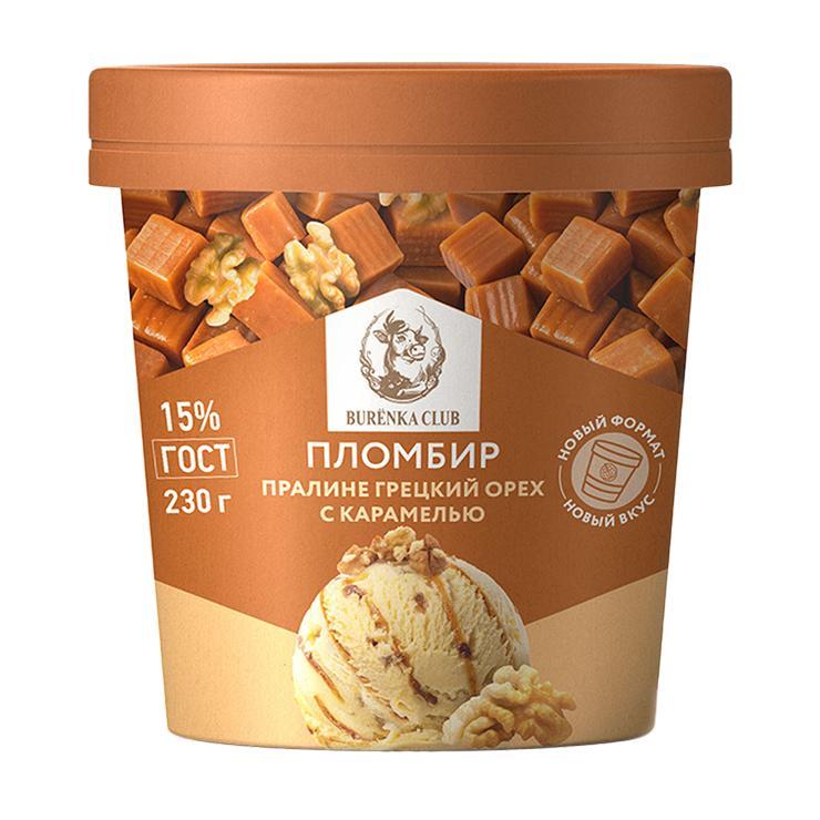 Мороженое BURENKA CLUB пломбир пралине с грецким орехом и карамелью 15% 8 штук 230 гр., стакан