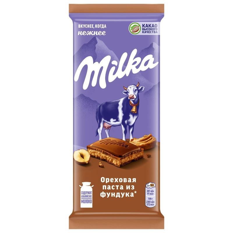 Шоколад Milka молочный с ореховой пастой из фундука 80 гр., флоу-пак
