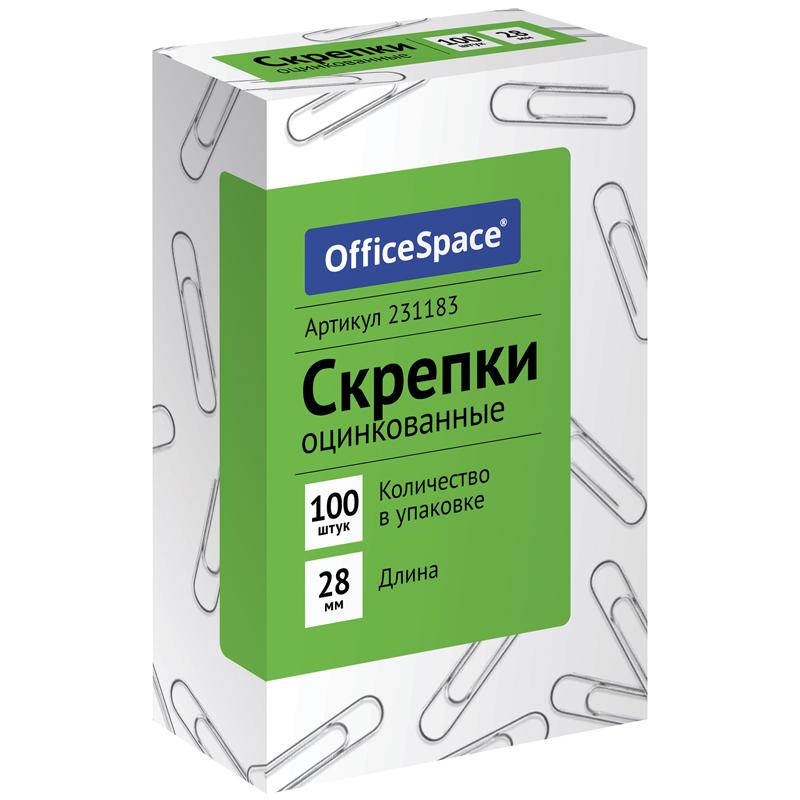 Скрепки 28мм, OfficeSpace, 100шт., оцинкованные, карт. упак.