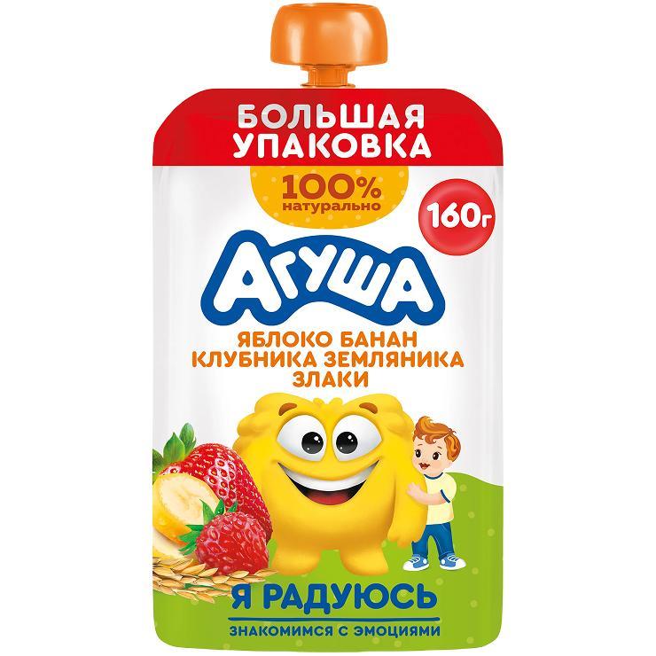 Пюре Агуша яблоко-банан-клубника-земляника-злаки с 8 месяцев 160 гр., дой-пак