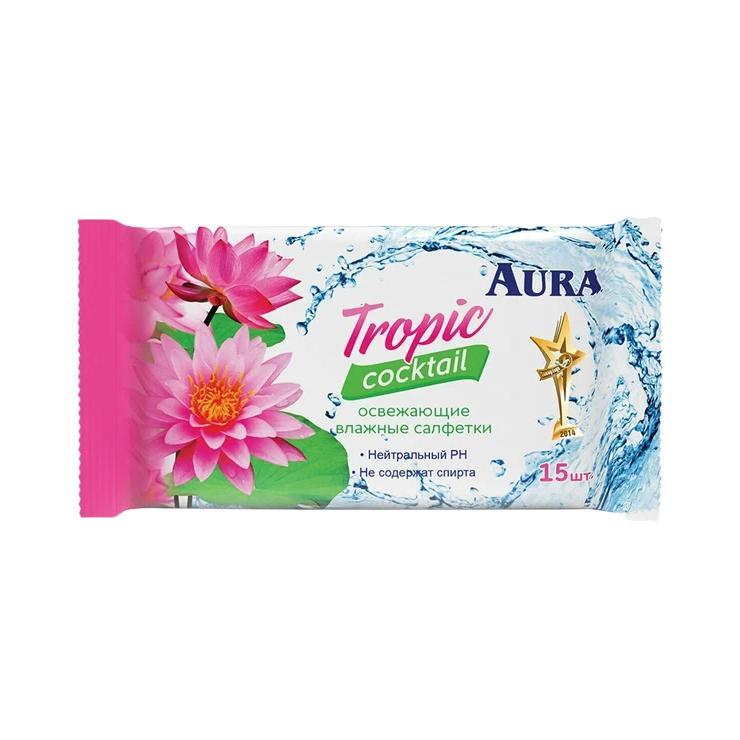 Салфетки влажные Aura Tropic Cocktail освежающие 15 шт., флоу-пак