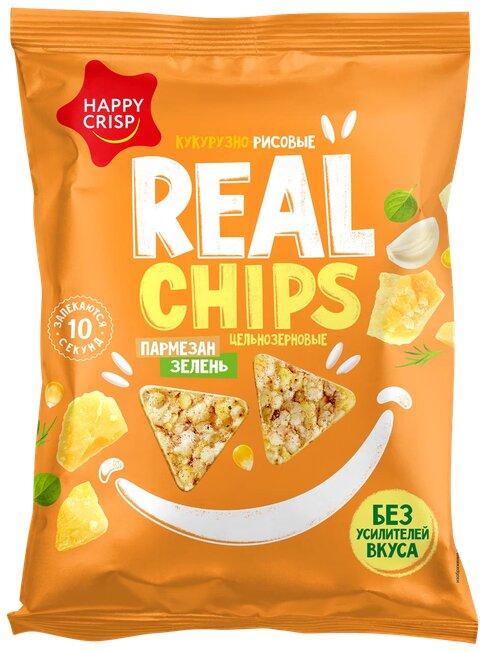 Чипсы кукурузно-рисовые Happy crisp Real Chips Пармезан чеснок и зелень 50 гр., флоу-пак