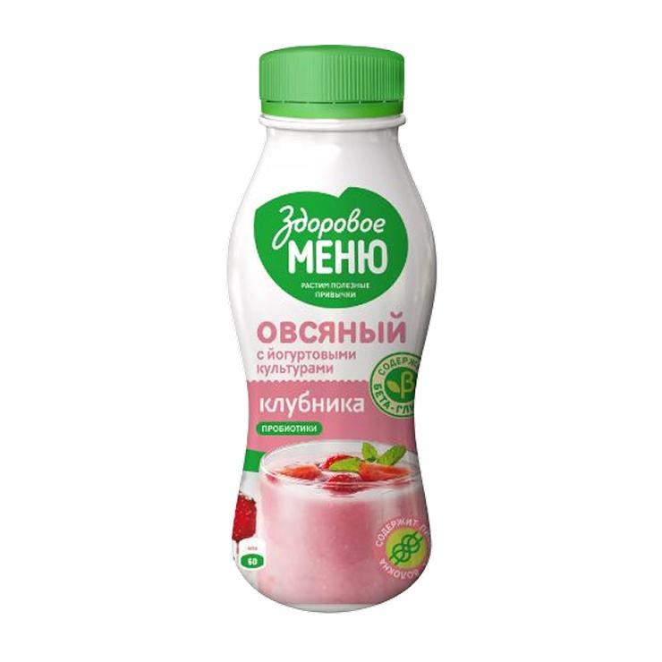 Продукт овсяный Здоровое меню растительный с йогуртовыми культурами и пробиотиками клубника 250 мл., ПЭТ