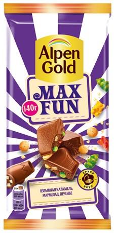 Шоколад Alpen Gold Max Fun карамель мармелад печенье 140 гр., флоу-пак