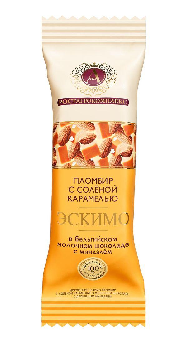 Мороженое пломбир Ростагрокомплекс с соленой карамелью в молочном шоколаде с д м.д.ж. 15% 65 гр., флоу-пак