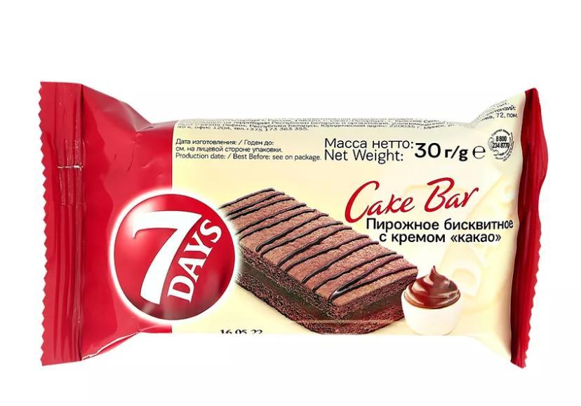 Пирожное бисквитное 7 Days Cake Bar с кремом какао 30 гр., флоу-пак