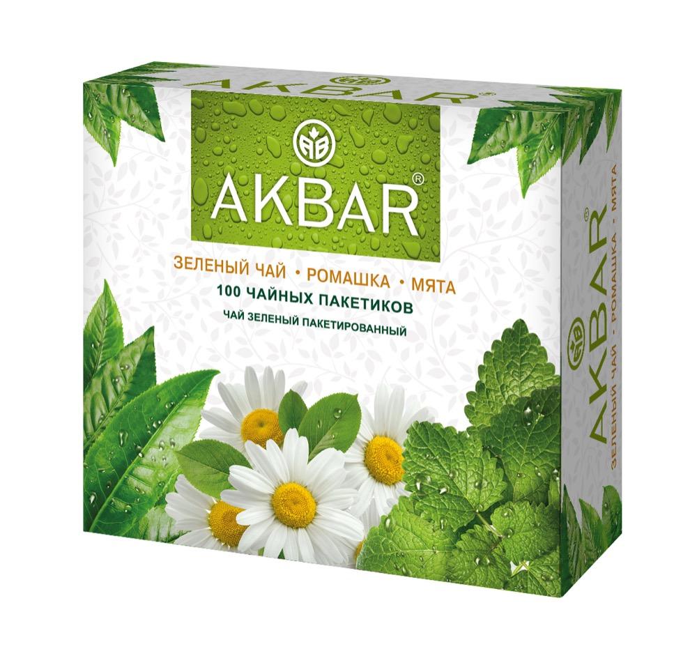 Чай зеленый Akbar ромашка-мята 100 пакетиков 100 гр., картон