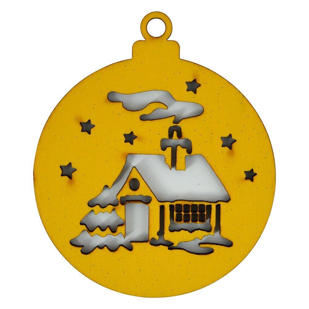 Ёлочные украшения Мультидом деревянные дом желтый 94 мм х 80 мм 6 шт., пакет