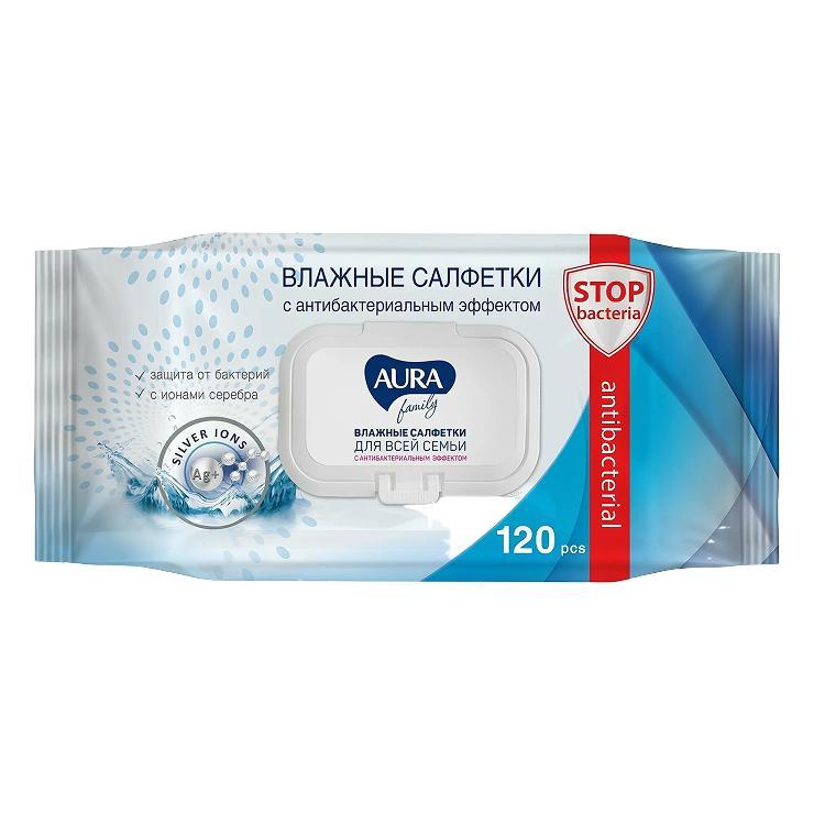 Влажные салфетки AURA FAMILY с антибактериальным эффектом big-pack с крышкой 120 шт., флоу-пак
