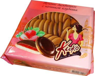 Печенье бисквитное глазированное с начинкой клубника, Кико, 600 гр., флоу-пак