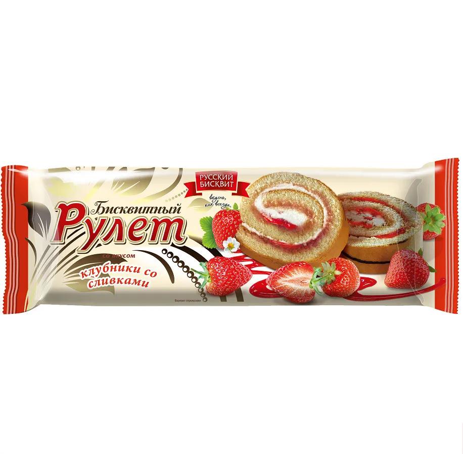 Рулет Русский Бисквит бисквитный клубника со сливками 200 гр., флоу-пак