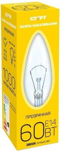 Лампа накаливания свеча прозрачная, ДС 60 Вт, Е14 --10/50K, Старт 20 гр., картонная коробка