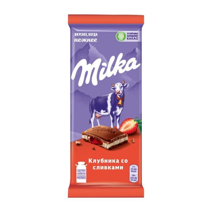 Шоколад Milka клубника со сливками 85 гр., флоу-пак