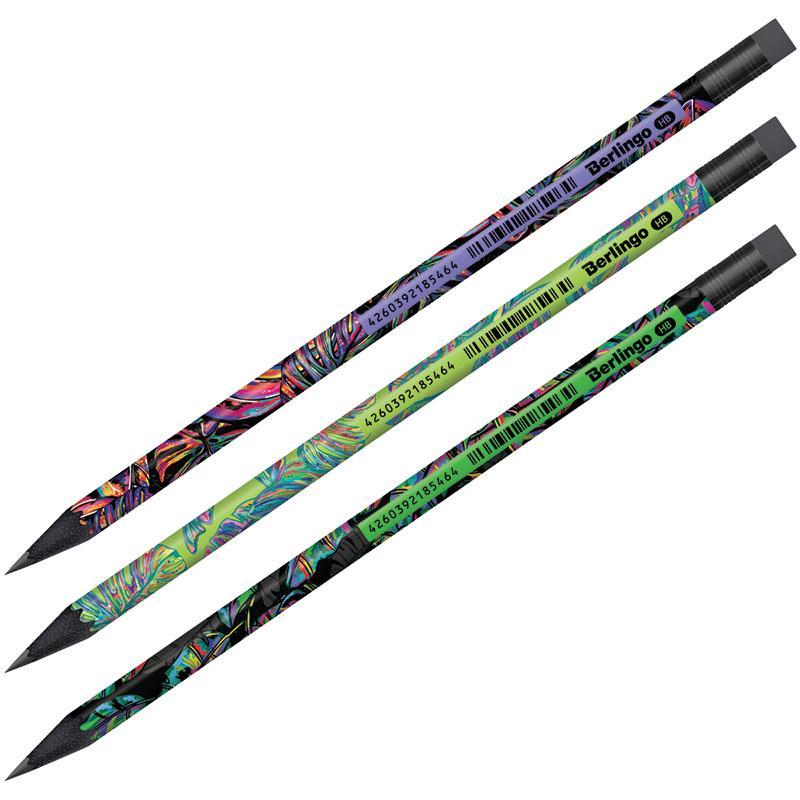 Карандаш Berlingo Neon Paradise HB чернографитный черное дерево круглый заточенный с ластиком ассорти, пакет