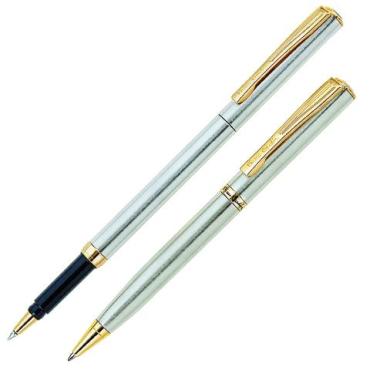 Набор шариковая ручка ручка-роллер, корпус серебристый, латунь, Pierre cardin