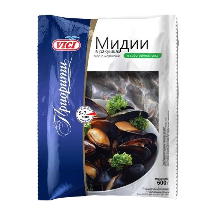 Мидии Vici в ракушках варено-мороженые 500 гр., флоу-пак