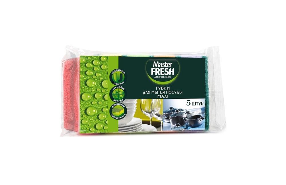 Губки для посуды, 5 шт., микс яркие цвета Master fresh maxi флоу-пак