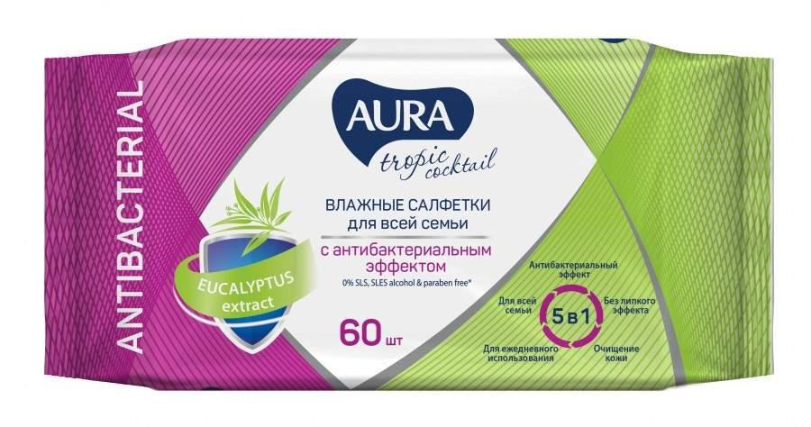 Влажные салфетки Aura Tropic Cocktail с антибактериальным эффектом big-pack 60 шт., флоу-пак