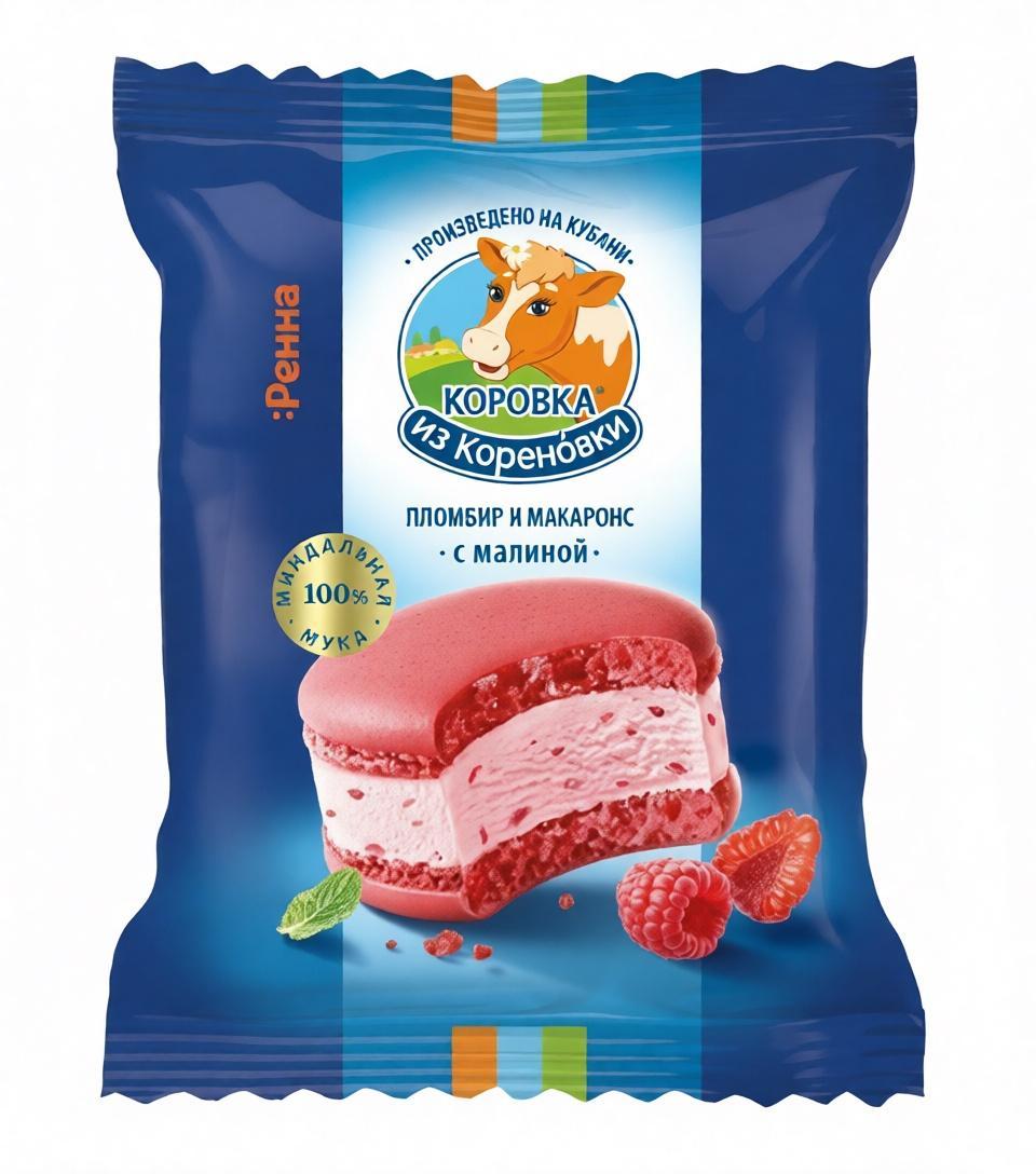 Мороженое сэндвич Коровка из Кореновки МАКАРОНС пломбир малина 70 гр., флоу-пак