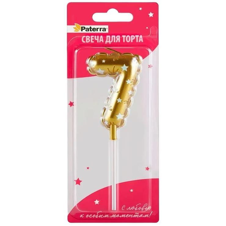 Свеча праздничная Paterra циифра 7 золотой цвет в форме воздушного шара., блистер