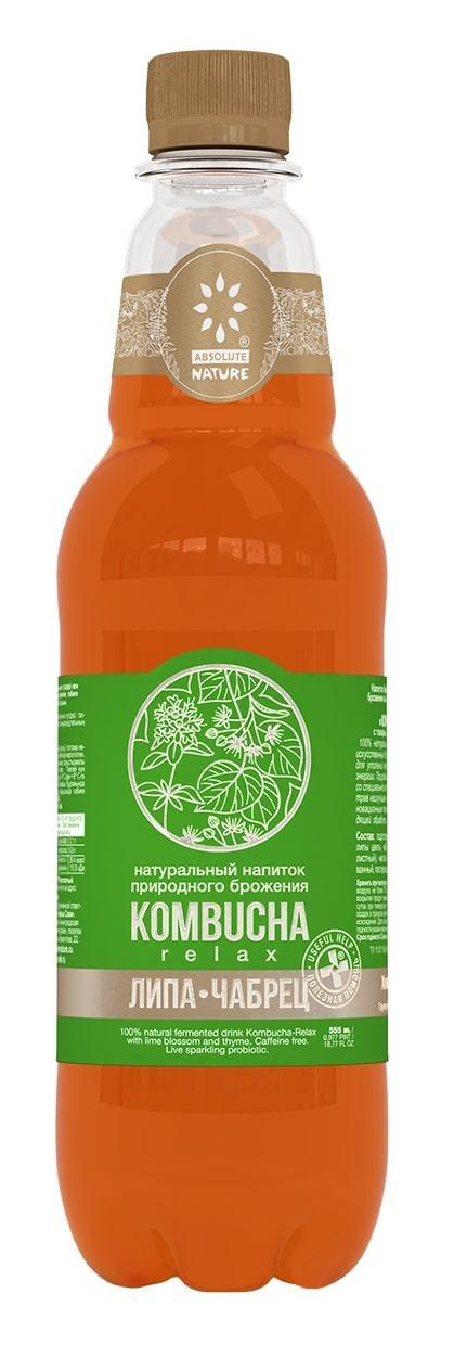 Газированный напиток Absolute Nature Kombucha Relax на чайном грибе цветы липы-чабрец, 555 мл., ПЭТ