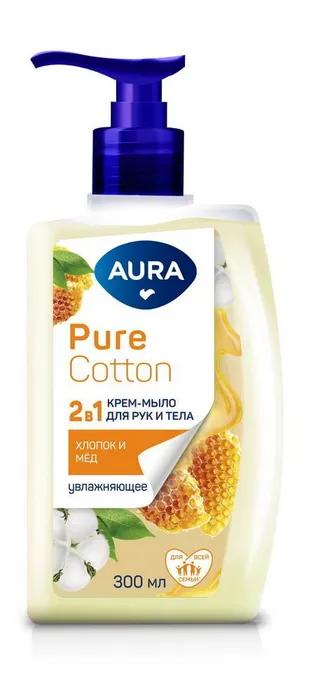 Крем-мыло AURA Pure Cotton 2в1 для рук и тела Хлопок и мёд 300 мл., флакон