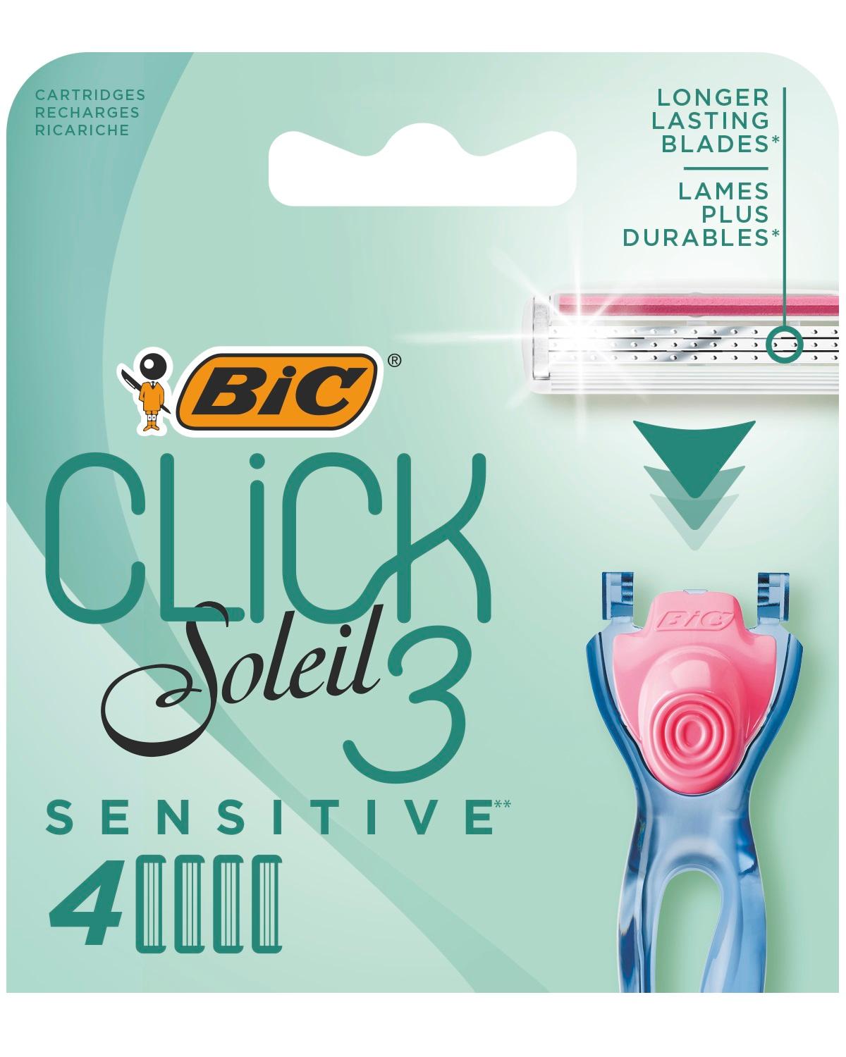 Сменные кассеты Bic Click 3 Soleil Sensitive для бритвы 3 подвижных лезвия, 4 шт., блистер