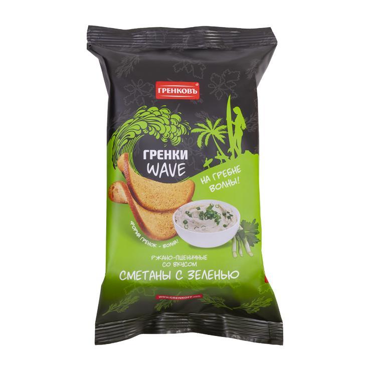 Гренки Гренковъ WAVE ржано-пшеничные со вкусом сметаны с зеленью 75 гр., флоу-пак