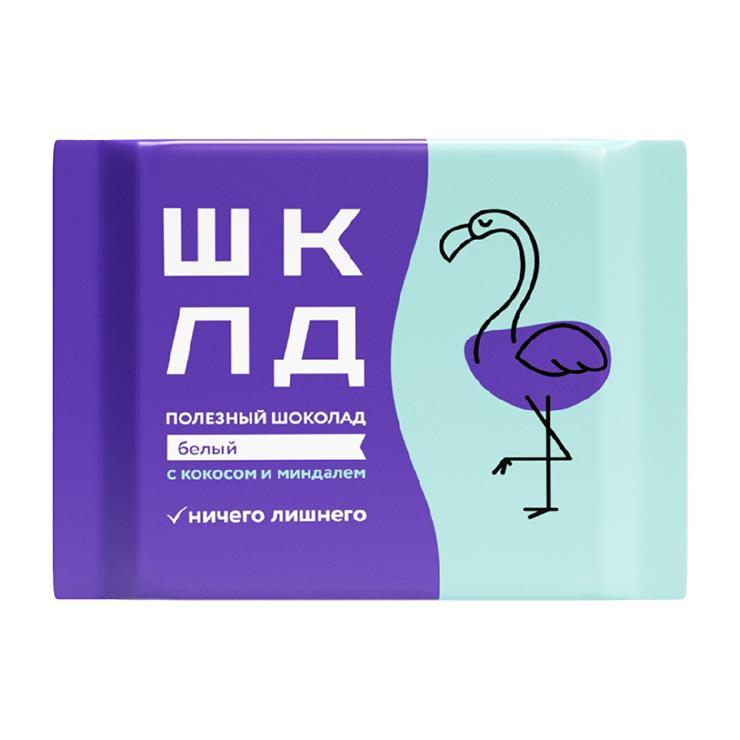 Шоколад ШКЛД белый стружка кокоса миндаль 65 гр., флоу-пак