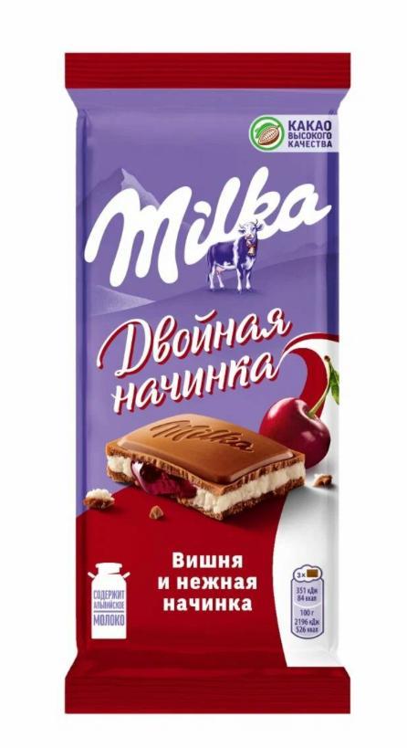 Шоколад Milka вишня и нежная начинка молочный 80 гр., флоу-пак
