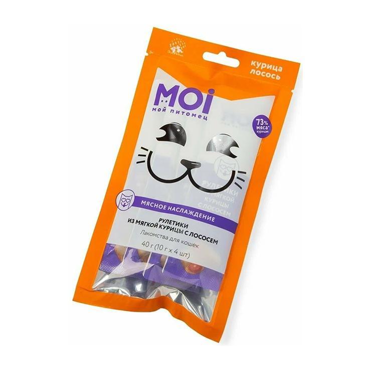Лакомство для кошек MOI рулетики из мягкой курицы с лососем 10 гр., пакет