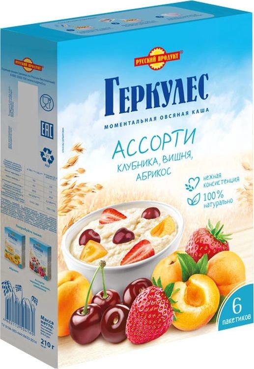 Каша овсяная Русский Продукт Геркулес ассорти клубника, абрикос, вишня 210 гр., картон