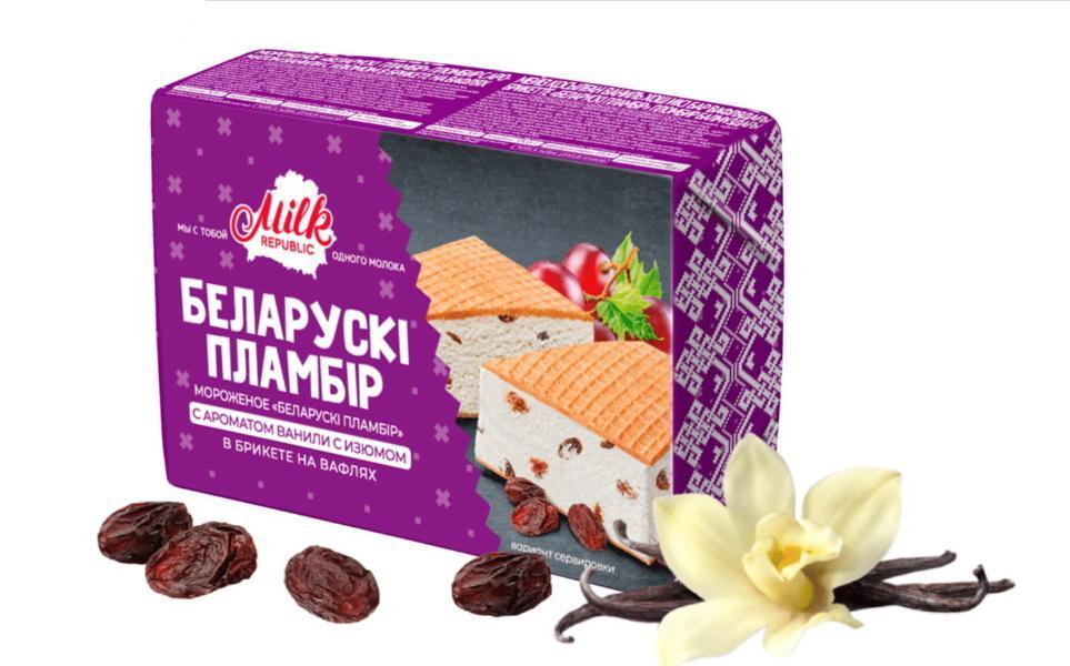 Мороженое брикет на вафлях Белорусский пломбир ванильный с изюмом , 100 гр., бумага