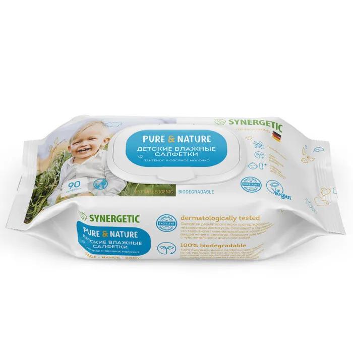 Салфетки влажные Synergetic Pure&amp Nature 0+ гипоаллергенные пантенол и овсяное молочко 90 шт., флоу-пак
