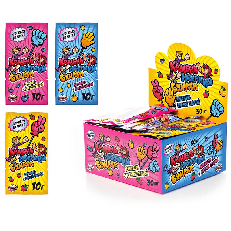 Карамель на палочке Candy Камень ножницы бумага с кислой пудрой 10 гр., саше