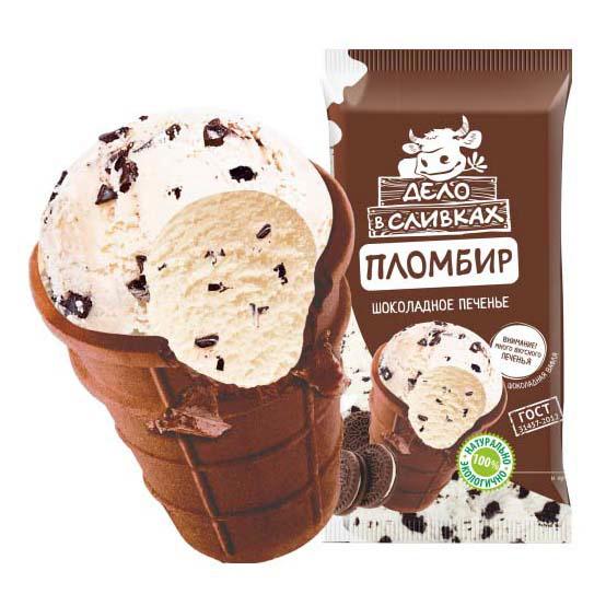 Мороженое пломбир Дело в сливках ванильный 12 % с кусочками бисквитного печенья в шоколаде, 80 гр., флоу-пак