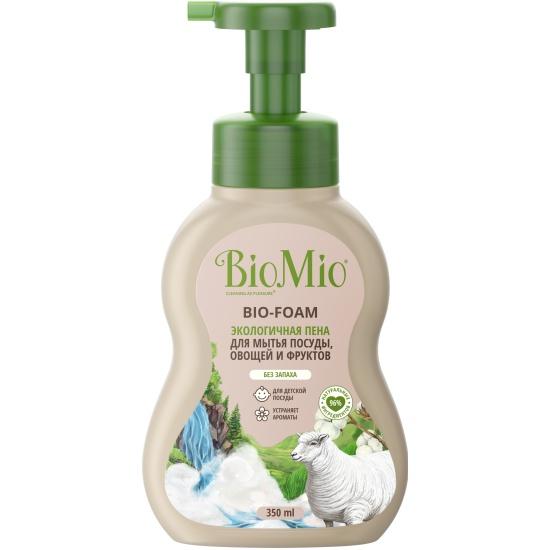 Средство BioMio, Bio-Foam Экологичная пена для мытья посуды, овощей и фруктов с эфирным маслом без отдушек, 350 мл., пластиковый флакон с дозатором