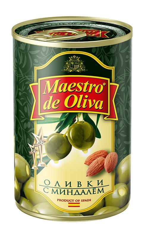 Оливки Maestro De Oliva с миндалем 330 гр., ж/б