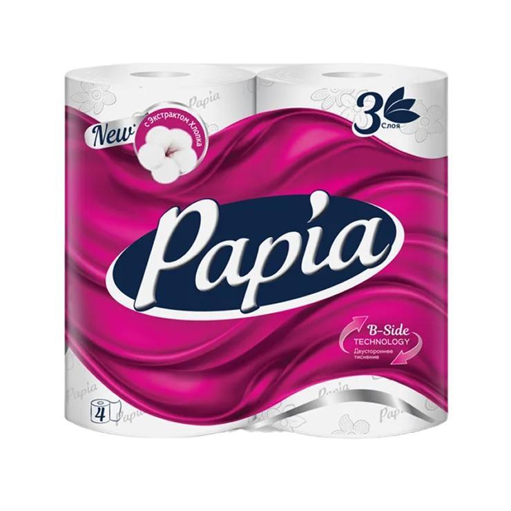 Туалетная бумага Papia с экстрактом хлопка 3 слоя 4 рулона, флоу-пак