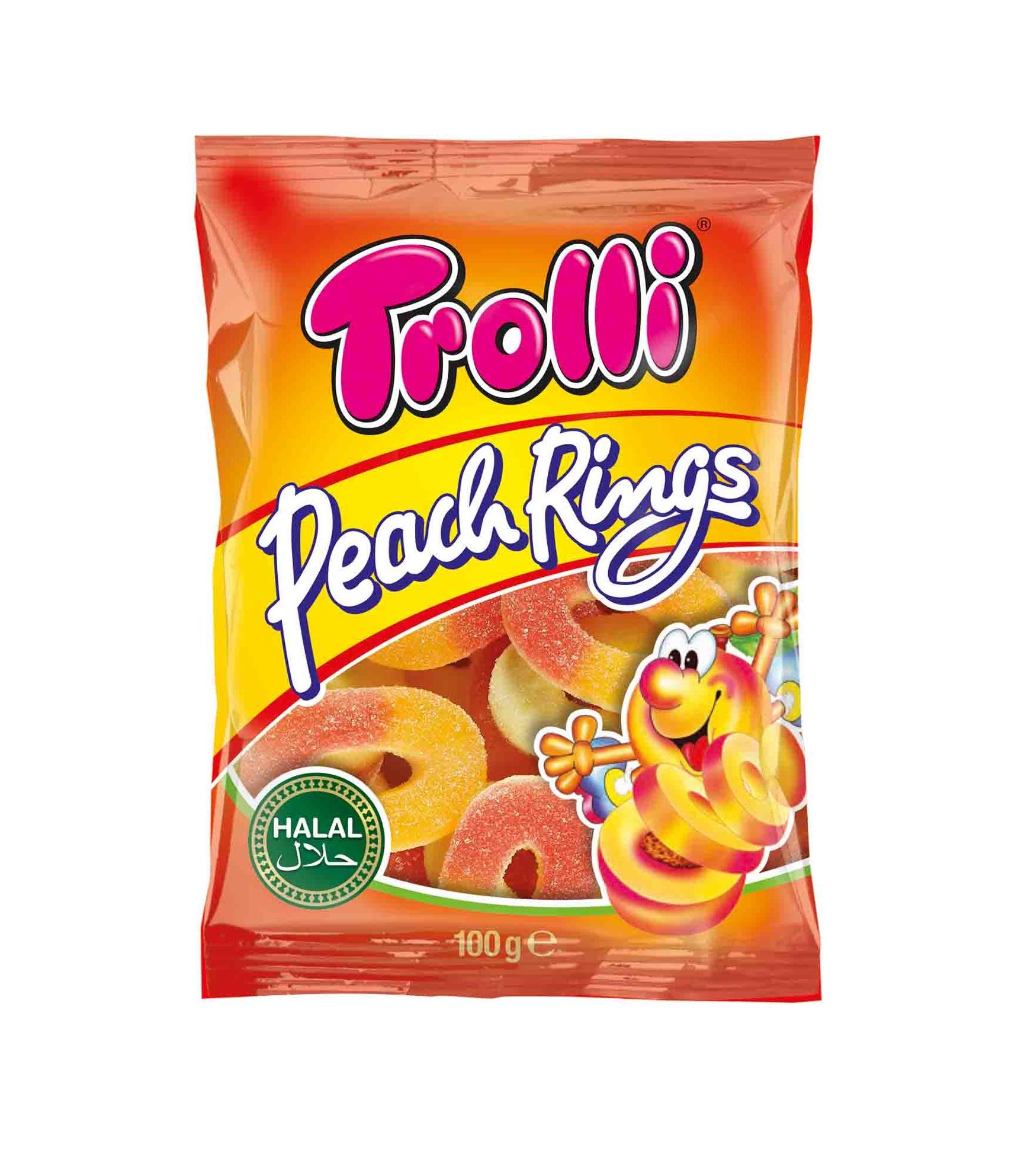 Мармелад Trolli Peach Rings персиковые колечки халяль 100 гр., флоу-пак