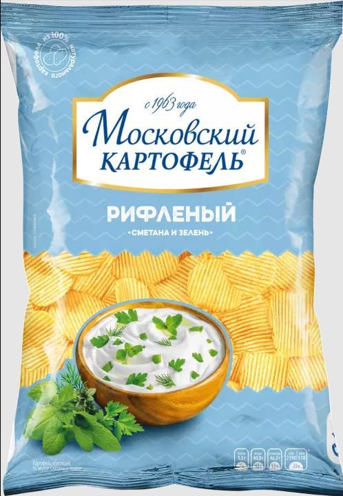 Чипсы картофельные Московский картофель Сметана и зелень рифленые 60 гр., флоу-пак