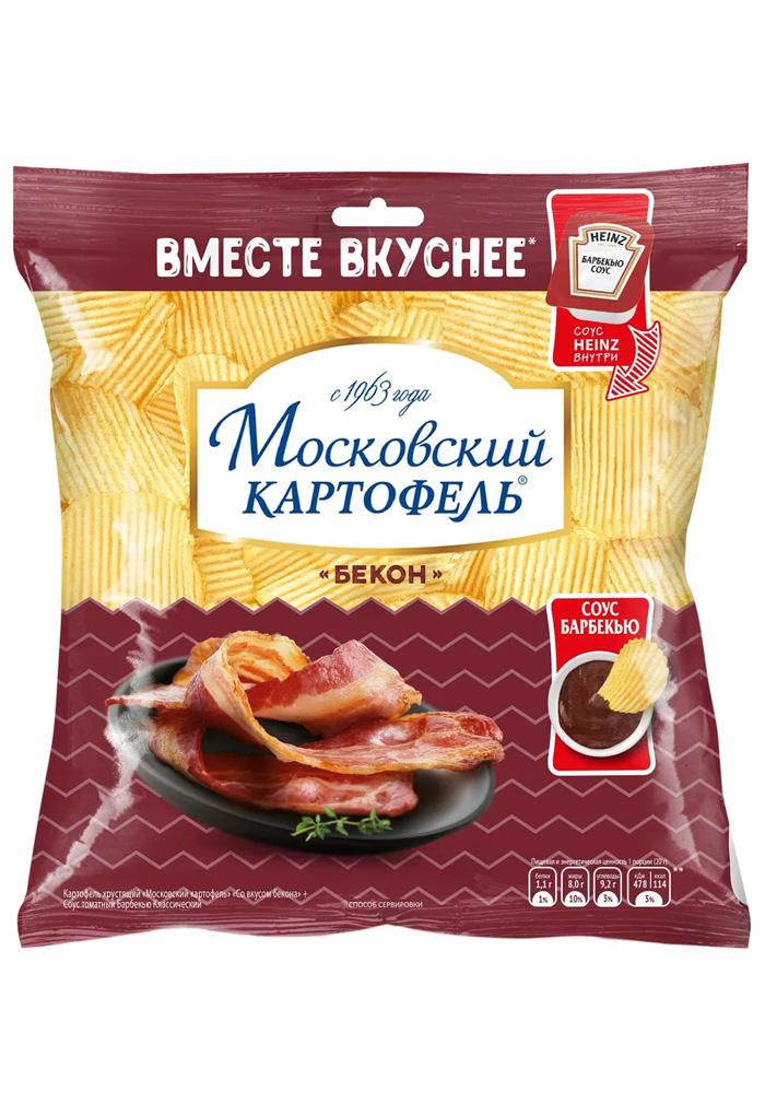 Чипсы Московский картофель Бекон рифленые и соус Heinz барбекю 60 гр., флоу-пак