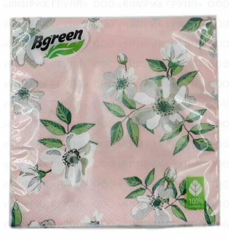 Салфетки бумажные Bulgaree Green Жасмин розовый фон трехслойные 33х33 см. 20 шт., пакет